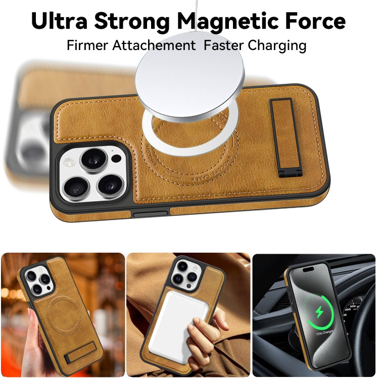 For iPhone 15 Pro Multi-function Holder MagSafe PU Phone Case(Brown) - iPhone 15 Pro Cases by buy2fix | Online Shopping UK | buy2fix