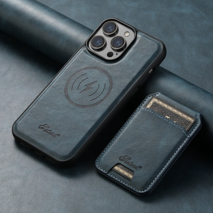 For iPhone 14 Plus Suteni H15 MagSafe Oil Eax Leather Detachable Wallet Back Phone Case(Blue) - iPhone 14 Plus Cases by Suteni | Online Shopping UK | buy2fix