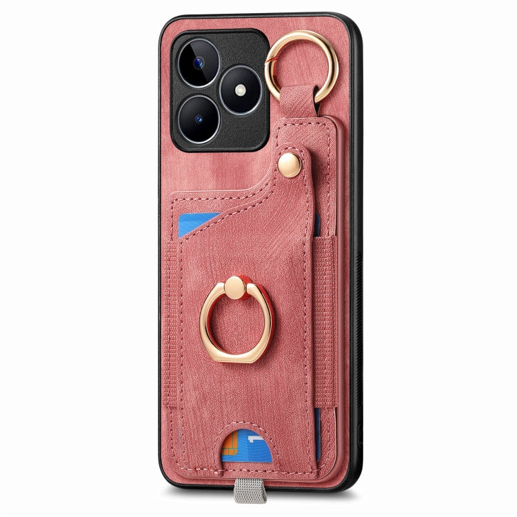 For Realme 10 Pro Retro Skin-feel Ring Card Bag Phone Case with Hang Loop(Pink) - Realme Cases by buy2fix | Online Shopping UK | buy2fix