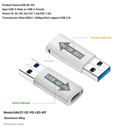 USB-A  Male QC3.1 to Type-C Female PD 10Gbps Converter Adapter, Model:White with Indicator Light - Cable & Adapters by buy2fix | Online Shopping UK | buy2fix