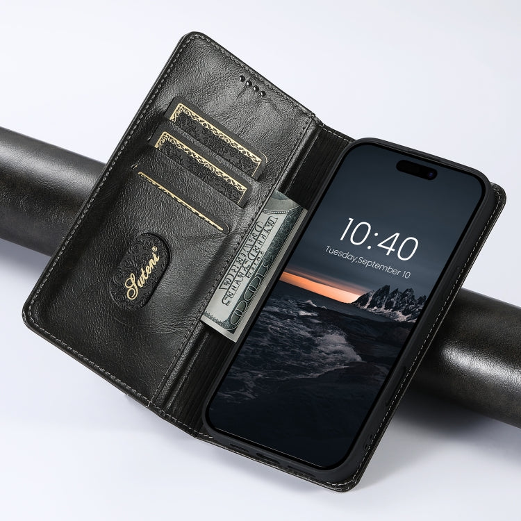 For iPhone 16 Plus Suteni Baroque Calf Texture Buckle Wallet Leather Phone Case(Black) - iPhone 16 Plus Cases by Suteni | Online Shopping UK | buy2fix