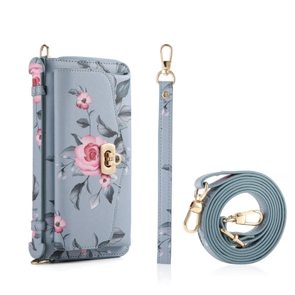 For iPhone 15 Plus MagSafe Flower Multi-functional Crossbody Zipper Wallet Leather Phone Case(Blue) - iPhone 15 Plus Cases by buy2fix | Online Shopping UK | buy2fix