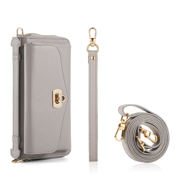 For iPhone 15 Plus MagSafe Crossbody Multi-functional Zipper Wallet Litchi Leather Phone Case(Grey) - iPhone 15 Plus Cases by buy2fix | Online Shopping UK | buy2fix