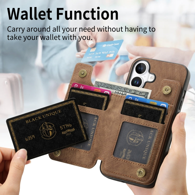 For iPhone 16 Plus Retro Leather Zipper Wallet Back Phone Case(Brown) - More iPhone Cases by buy2fix | Online Shopping UK | buy2fix