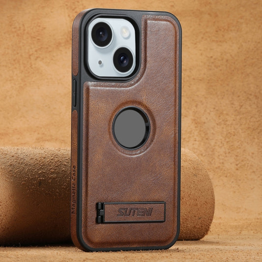 For iPhone 15 Plus Suteni G2 Magsafe Oil Wax Leather Back Phone Case with Holder(Brown) - iPhone 15 Plus Cases by Suteni | Online Shopping UK | buy2fix