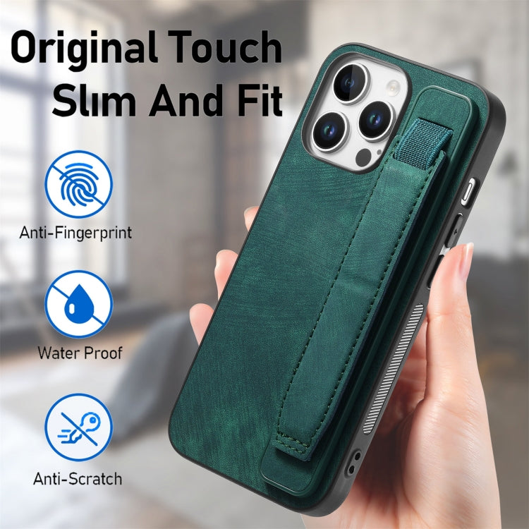 For iPhone 16 Pro Retro Wristband Holder Leather Back Phone Case(Green) - iPhone 16 Pro Cases by buy2fix | Online Shopping UK | buy2fix