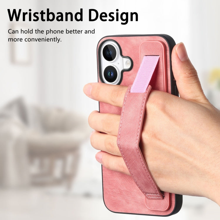 For iPhone 16 Retro Wristband Holder Leather Back Phone Case(Pink) - iPhone 16 Cases by buy2fix | Online Shopping UK | buy2fix