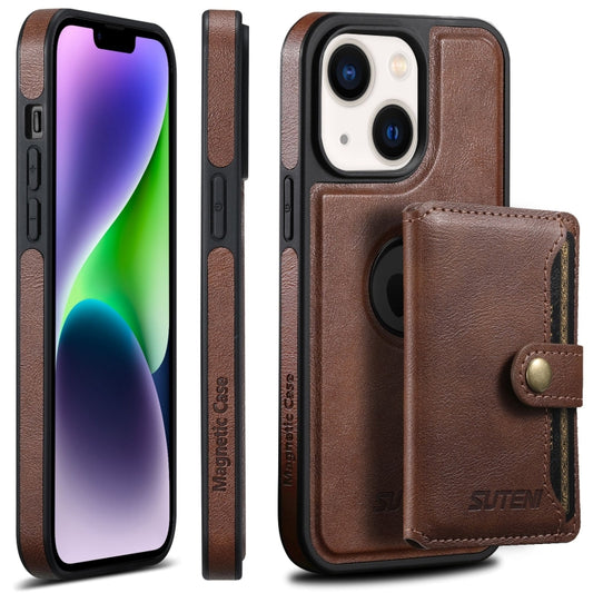 For iPhone 14 Plus Suteni M1 Oil Wax MagSafe Detachable Horizontal Card Bag Phone Case(Brown) - iPhone 14 Plus Cases by Suteni | Online Shopping UK | buy2fix