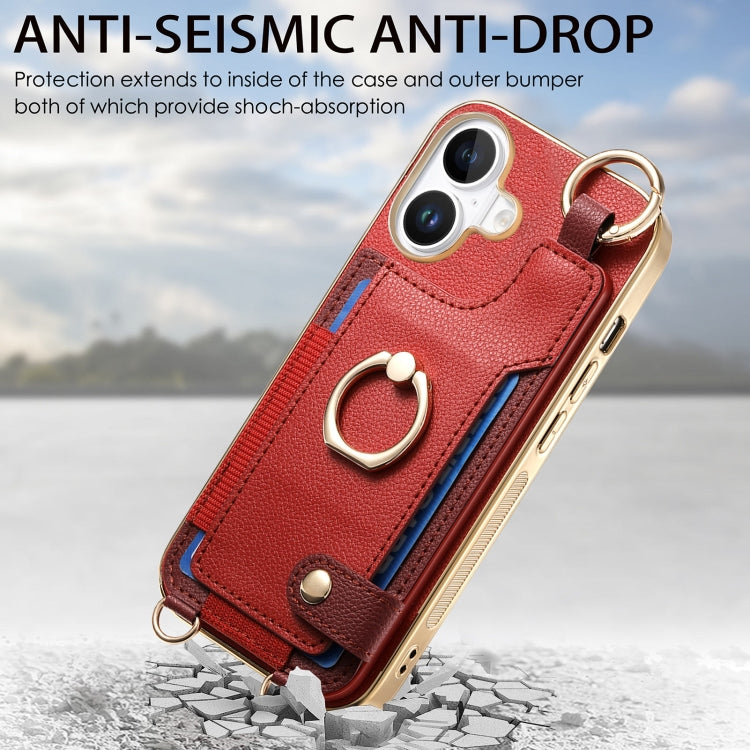 For iPhone 16 Fashion Ring Card Bag Phone Case with Hang Loop(Red) - iPhone 16 Cases by buy2fix | Online Shopping UK | buy2fix