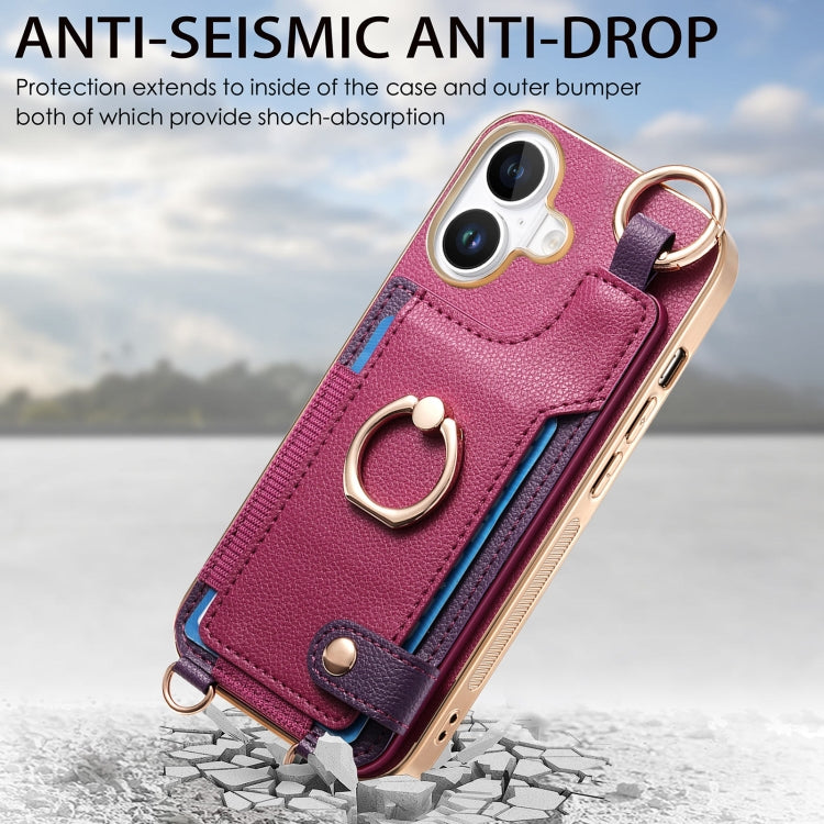 For iPhone 16 Fashion Ring Card Bag Phone Case with Hang Loop(Purple) - iPhone 16 Cases by buy2fix | Online Shopping UK | buy2fix