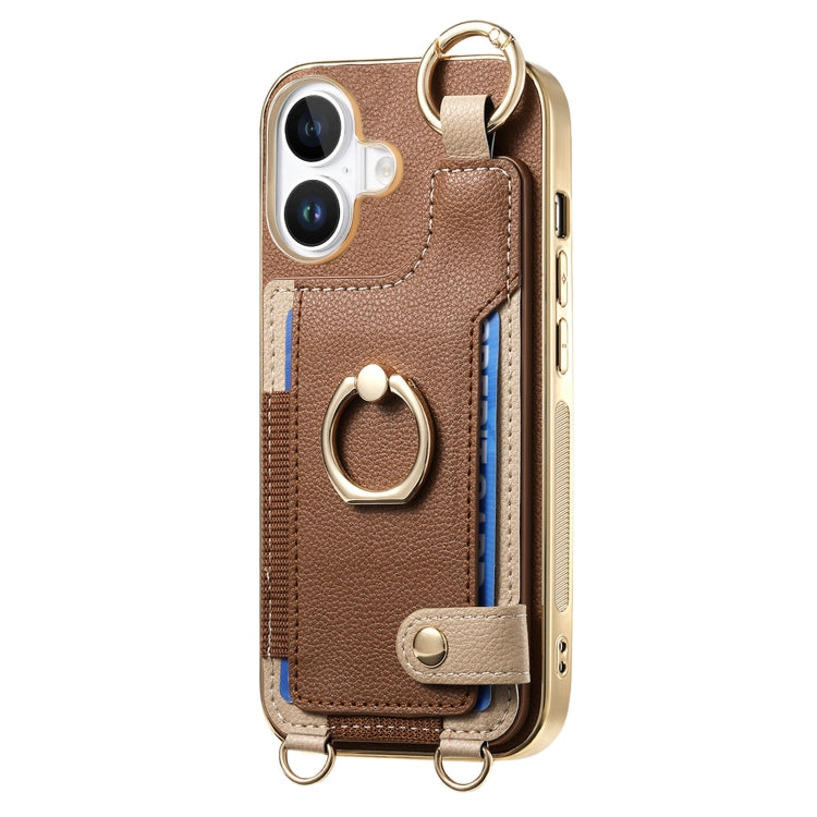 For iPhone 16 Plus Fashion Ring Card Bag Phone Case with Hang Loop(Brown) - iPhone 16 Plus Cases by buy2fix | Online Shopping UK | buy2fix