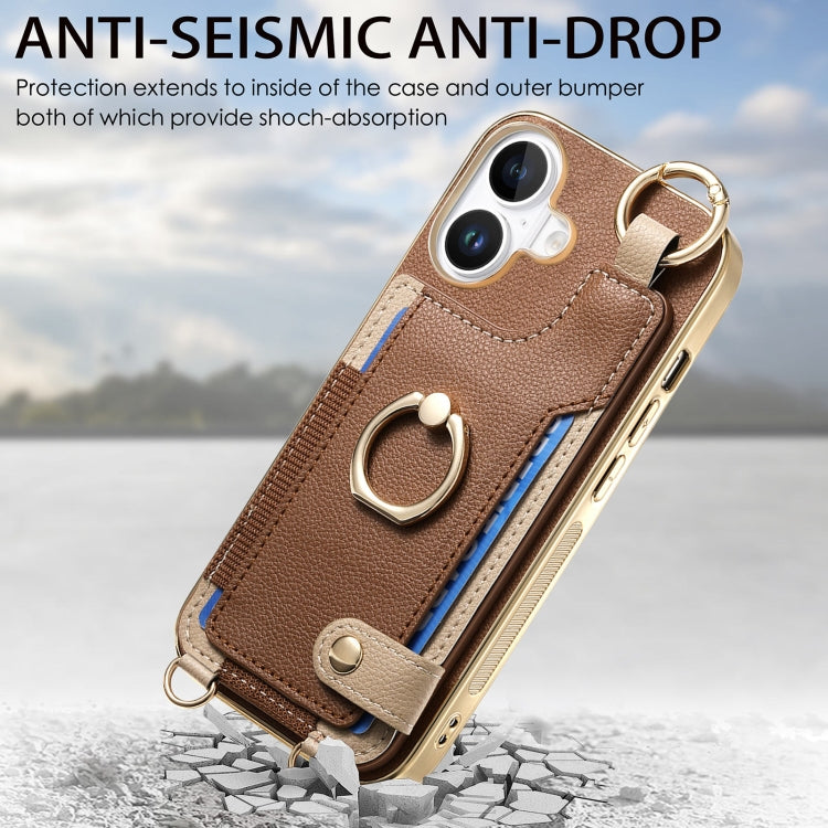 For iPhone 16 Plus Fashion Ring Card Bag Phone Case with Hang Loop(Brown) - iPhone 16 Plus Cases by buy2fix | Online Shopping UK | buy2fix