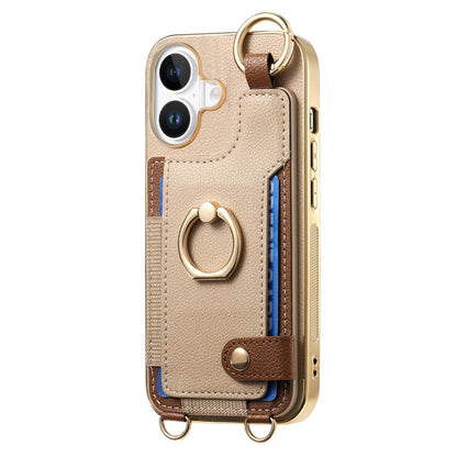 For iPhone 16 Plus Fashion Ring Card Bag Phone Case with Hang Loop(Khaki) - iPhone 16 Plus Cases by buy2fix | Online Shopping UK | buy2fix