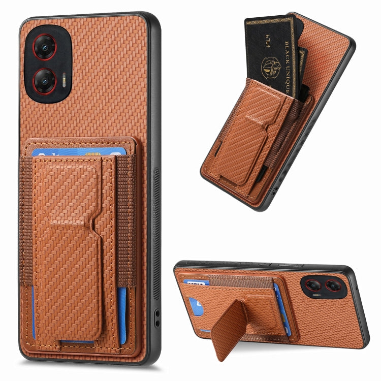 For Motorola Moto G Stylus 5G 2024 Carbon Fiber Fold Stand Elastic Card Bag Phone Case(Brown) - Motorola Cases by buy2fix | Online Shopping UK | buy2fix