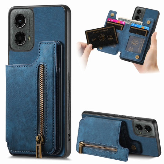 For Motorola Moto G 2024 Retro Leather Zipper Wallet Back Phone Case(Blue) - Motorola Cases by buy2fix | Online Shopping UK | buy2fix