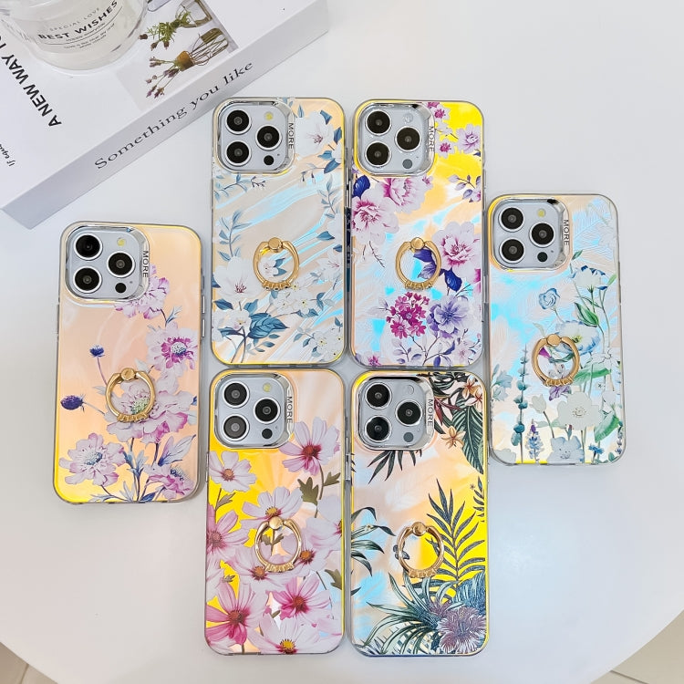 For iPhone 16 Plus Electroplating Laser Flower Ring Holder TPU Phone Case(Flower AH6) - iPhone 16 Plus Cases by buy2fix | Online Shopping UK | buy2fix