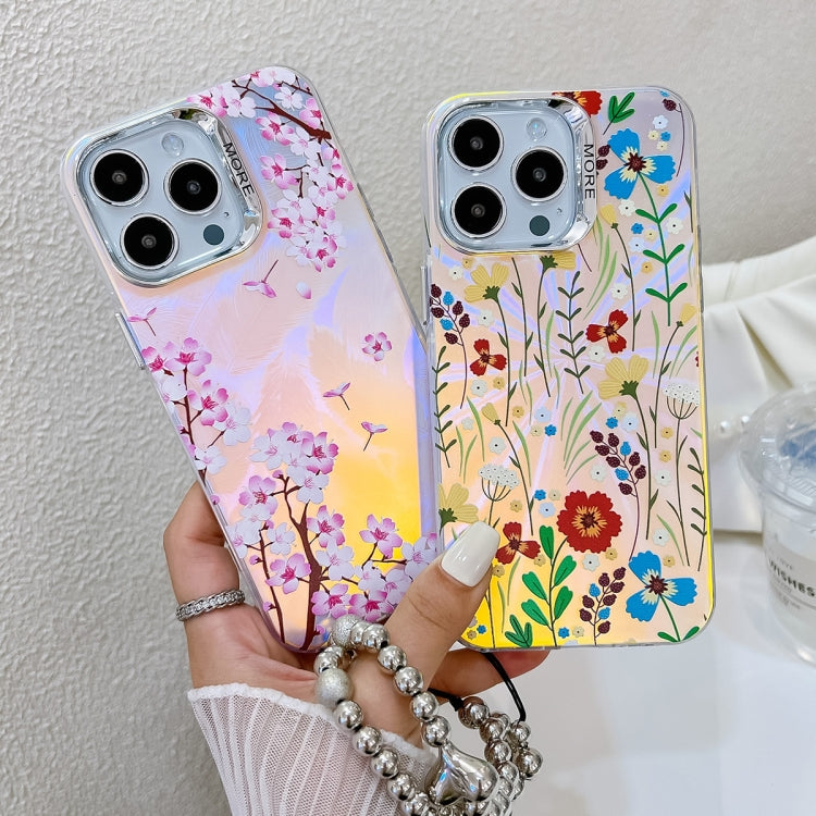 For iPhone 16 Pro Electroplating Laser Flower Phone Case with Wrist Strap(White Flower AH10) - iPhone 16 Pro Cases by buy2fix | Online Shopping UK | buy2fix