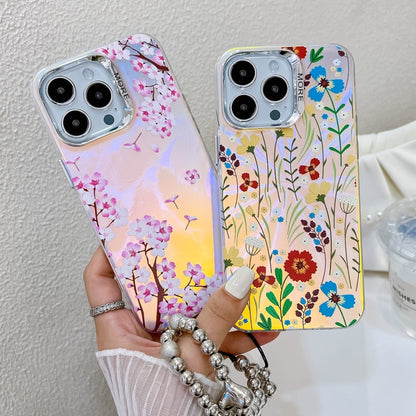 For iPhone 16 Pro Max Electroplating Laser Flower Phone Case with Wrist Strap(Leaves AH12) - iPhone 16 Pro Max Cases by buy2fix | Online Shopping UK | buy2fix