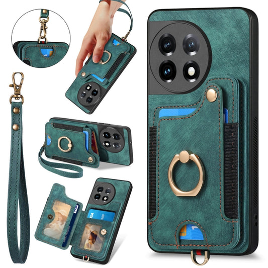 For OnePlus 11 Retro Skin-feel Ring Multi-card RFID Wallet Phone Case(Green) - OnePlus Cases by buy2fix | Online Shopping UK | buy2fix