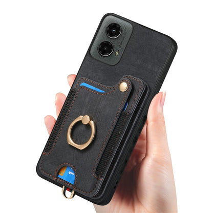 For Motorola Moto G 2024 Retro Skin-feel Ring Multi-card RFID Wallet Phone Case(Black) - Motorola Cases by buy2fix | Online Shopping UK | buy2fix