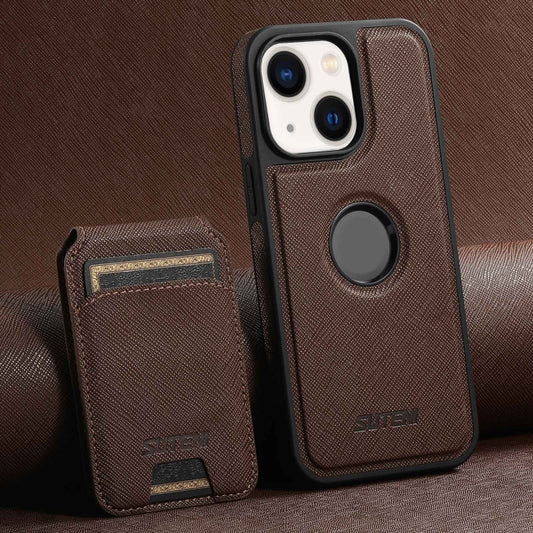 For iPhone 13 Suteni M2 Cross-Grain MagSafe Vertical Card Back Phone Case(Brown) - iPhone 13 Cases by Suteni | Online Shopping UK | buy2fix