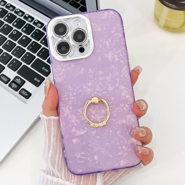 For iPhone 16 Pro Max Plating Glitter Texture Ring Holder TPU Phone Case with Lens Film(Purple Shell Pattern) - iPhone 16 Pro Max Cases by buy2fix | Online Shopping UK | buy2fix