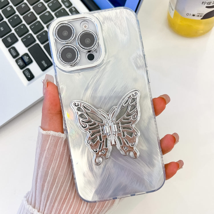 For iPhone 16 Pro Max Plating Glitter Texture Butterfly Holder TPU Phone Case with Lens Film(White Feather Yarn) - iPhone 16 Pro Max Cases by buy2fix | Online Shopping UK | buy2fix