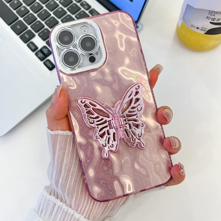 For iPhone 16 Pro Plating Glitter Texture Butterfly Holder TPU Phone Case with Lens Film(Pink Wrinkles) - iPhone 16 Pro Cases by buy2fix | Online Shopping UK | buy2fix