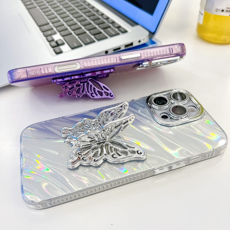 For iPhone 16 Plating Glitter Texture Butterfly Holder TPU Phone Case with Lens Film(Purple Wrinkles) - iPhone 16 Cases by buy2fix | Online Shopping UK | buy2fix