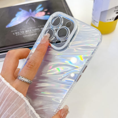 For iPhone 16 Plating Glitter Texture Chain Wristband TPU Phone Case with Lens Film(White Wrinkles) - iPhone 16 Cases by buy2fix | Online Shopping UK | buy2fix