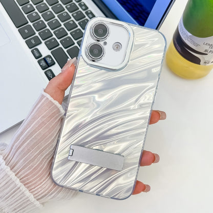 For iPhone 16 Plus Plating Glitter Texture Fold Holder TPU Phone Case with Lens Film(White Water Ripples) - iPhone 16 Plus Cases by buy2fix | Online Shopping UK | buy2fix