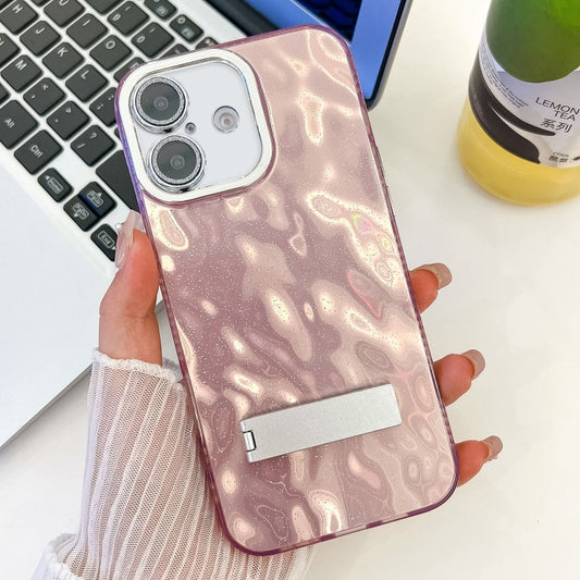 For iPhone 16 Plus Plating Glitter Texture Fold Holder TPU Phone Case with Lens Film(Pink Wrinkles) - iPhone 16 Plus Cases by buy2fix | Online Shopping UK | buy2fix