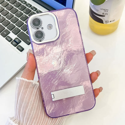 For iPhone 16 Plus Plating Glitter Texture Fold Holder TPU Phone Case with Lens Film(Purple Tinfoil Texture) - iPhone 16 Plus Cases by buy2fix | Online Shopping UK | buy2fix