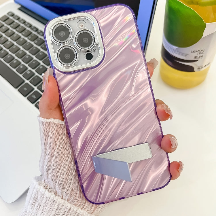 For iPhone 16 Plating Glitter Texture Fold Holder TPU Phone Case with Lens Film(Purple Feathers) - iPhone 16 Cases by buy2fix | Online Shopping UK | buy2fix