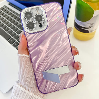 For iPhone 16 Pro Plating Glitter Texture Fold Holder TPU Phone Case with Lens Film(Purple Shell Pattern) - iPhone 16 Pro Cases by buy2fix | Online Shopping UK | buy2fix