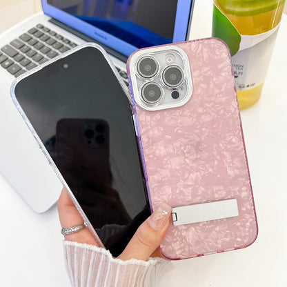 For iPhone 16 Plating Glitter Texture Fold Holder TPU Phone Case with Lens Film(White Water Ripples) - iPhone 16 Cases by buy2fix | Online Shopping UK | buy2fix