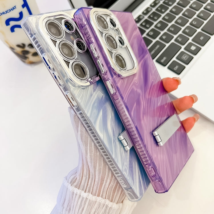 For Samsung Galaxy S25+ 5G Plating Glitter Texture Fold Holder TPU Phone Case with Lens Film(Purple Feathers) - Galaxy S25+ 5G Cases by buy2fix | Online Shopping UK | buy2fix