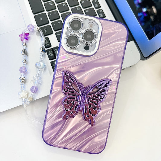 For iPhone 16 Pro Max Plating Glitter Lens Film Texture Butterfly Holder Wristband Phone Case(Purple Water Ripples) - iPhone 16 Pro Max Cases by buy2fix | Online Shopping UK | buy2fix