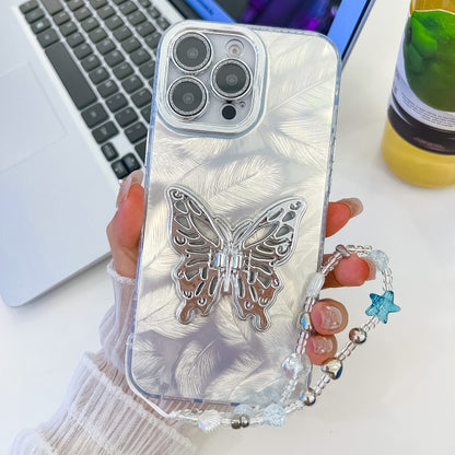 For iPhone 16 Pro Max Plating Glitter Lens Film Texture Butterfly Holder Wristband Phone Case(White Feathers) - iPhone 16 Pro Max Cases by buy2fix | Online Shopping UK | buy2fix