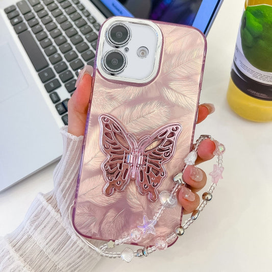 For iPhone 16 Plus Plating Glitter Lens Film Texture Butterfly Holder Wristband Phone Case(Pink Feathers) - iPhone 16 Plus Cases by buy2fix | Online Shopping UK | buy2fix