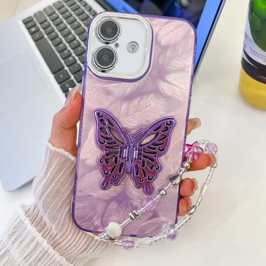 For iPhone 16 Plus Plating Glitter Lens Film Texture Butterfly Holder Wristband Phone Case(Purple Feathers) - iPhone 16 Plus Cases by buy2fix | Online Shopping UK | buy2fix