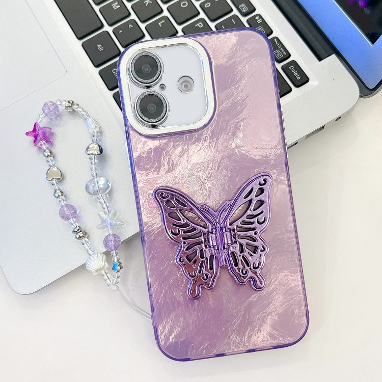 For iPhone 16 Plus Plating Glitter Lens Film Texture Butterfly Holder Wristband Phone Case(Purple Tinfoil Texture) - iPhone 16 Plus Cases by buy2fix | Online Shopping UK | buy2fix