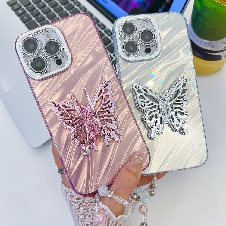 For iPhone 16 Pro Max Plating Glitter Lens Film Texture Butterfly Holder Wristband Phone Case(Purple Wrinkles) - iPhone 16 Pro Max Cases by buy2fix | Online Shopping UK | buy2fix