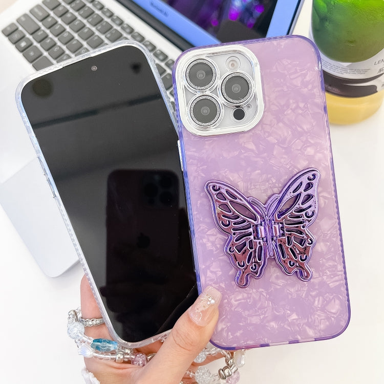 For iPhone 16 Pro Max Plating Glitter Lens Film Texture Butterfly Holder Wristband Phone Case(White Feathers) - iPhone 16 Pro Max Cases by buy2fix | Online Shopping UK | buy2fix