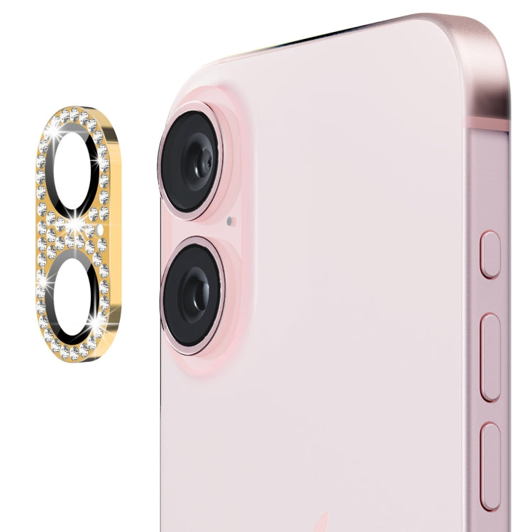 For iPhone 16 / 16 Plus ENKAY Hat-Prince Blink Diamond Camera Lens Aluminium Alloy Tempered Glass Film(Golden) - iPhone 16 Tempered Glass by ENKAY | Online Shopping UK | buy2fix