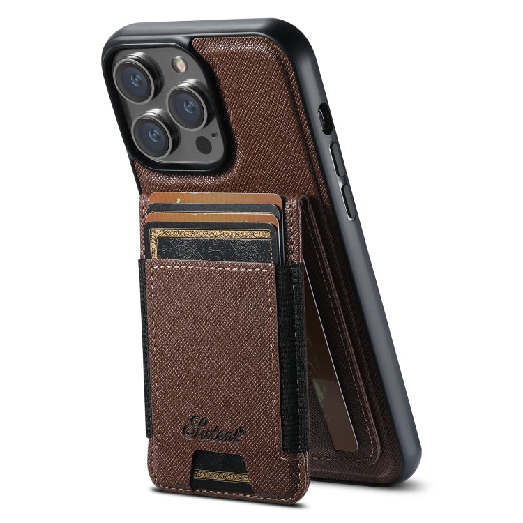 For iPhone 16 Pro Suteni H17 Cross Grain Leather MagSafe Detachable Wallet Phone Case(Brown) - iPhone 16 Pro Cases by Suteni | Online Shopping UK | buy2fix