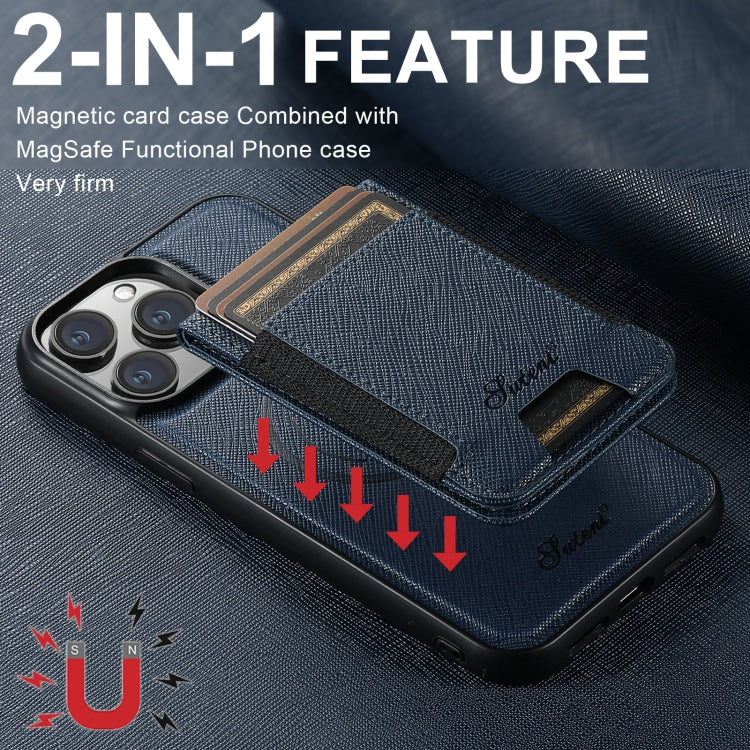 For iPhone 16 Pro Suteni H17 Cross Grain Leather MagSafe Detachable Wallet Phone Case(Blue) - iPhone 16 Pro Cases by Suteni | Online Shopping UK | buy2fix