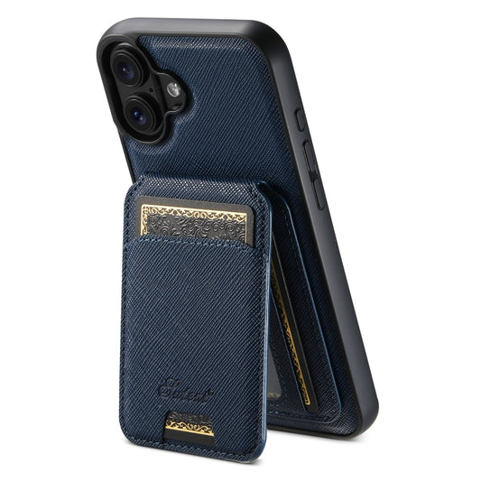 For iPhone 16 Plus Suteni H18 Cross Grain MagSafe Wallet Leather Phone Case(Blue) - iPhone 16 Plus Cases by Suteni | Online Shopping UK | buy2fix