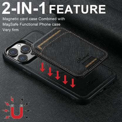 For iPhone 16 Suteni H18 Cross Grain MagSafe Wallet Leather Phone Case(Black) - iPhone 16 Cases by Suteni | Online Shopping UK | buy2fix