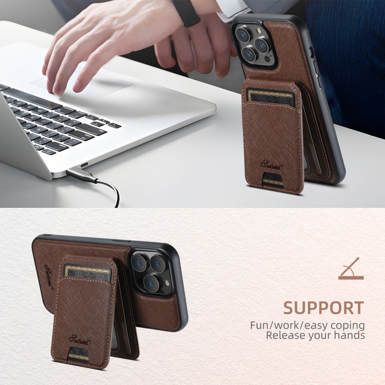 For iPhone 14 Suteni H18 Cross Grain MagSafe Wallet Leather Phone Case(Brown) - iPhone 14 Cases by Suteni | Online Shopping UK | buy2fix